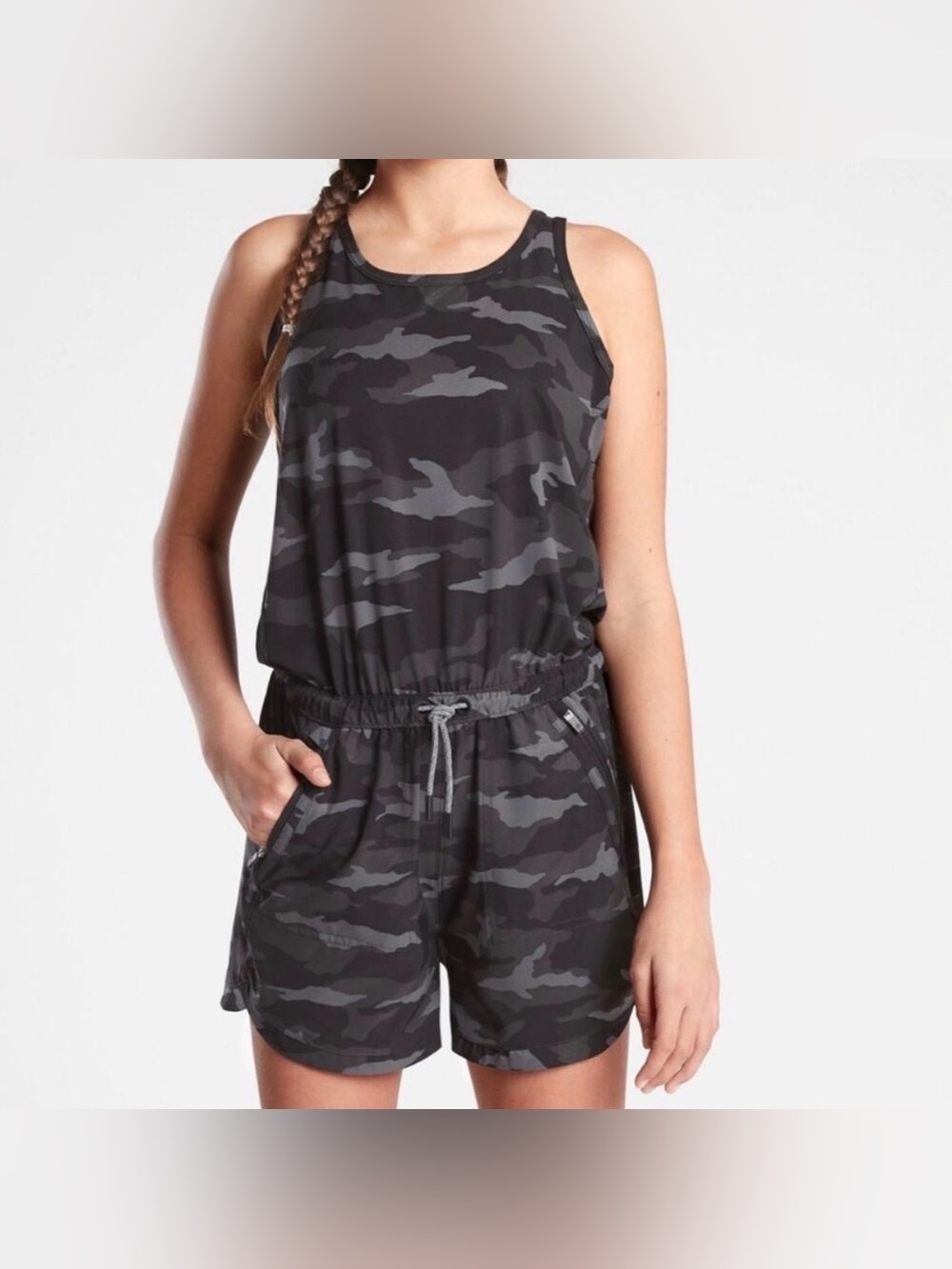 Athleta Girl Kids On the Go Romper Sleeveless Gray Grey Camo Print Size XL 14